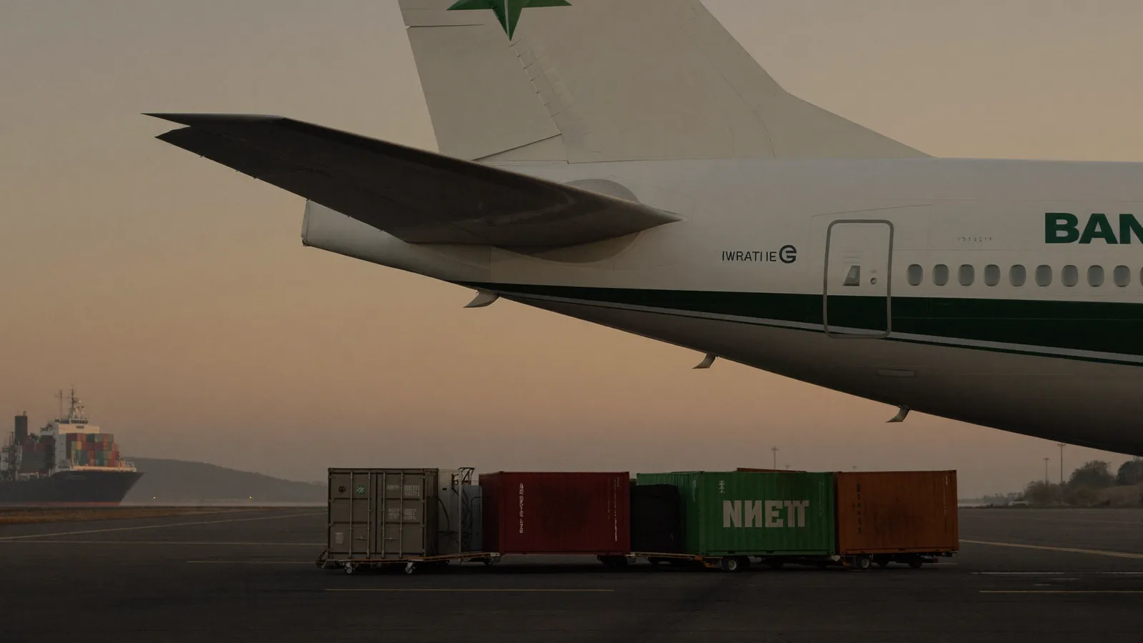 Avión de carga en la pista al atardecer con un buque portacontenedores al fondo