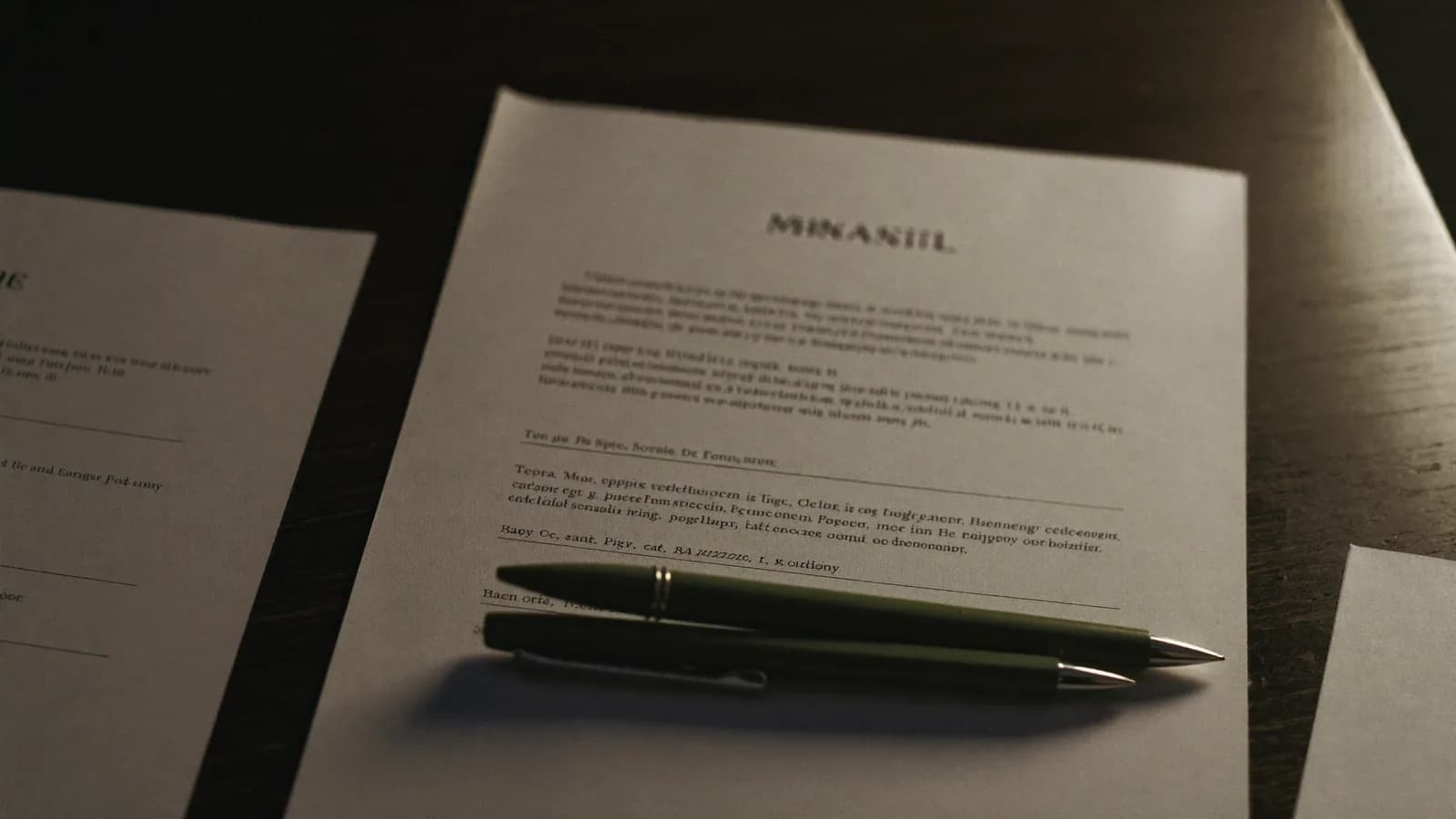 Contrato firmado con dos plumas encima sobre una mesa de madera oscura
