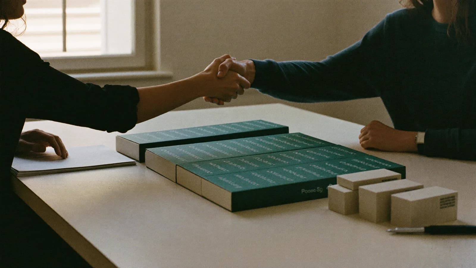 Apretón de manos sobre una mesa de reuniones con muestras de producto