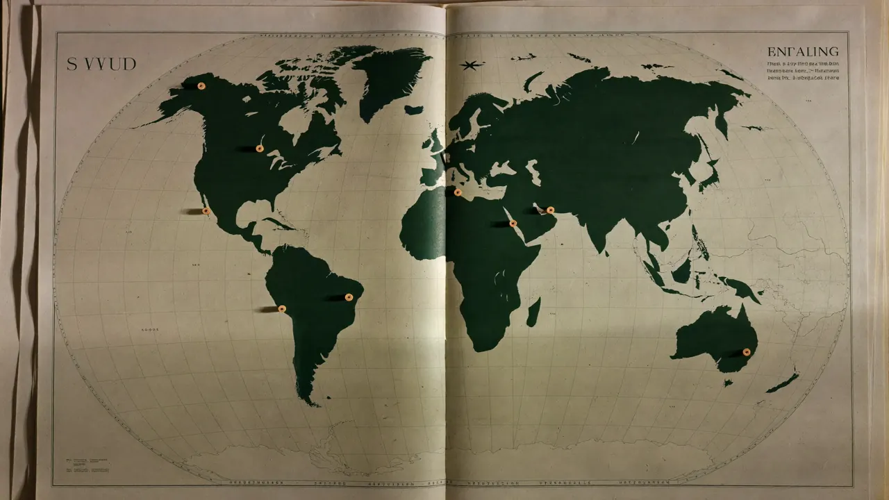 Mapa del mundo sobre una mesa con marcadores de madera en varias regiones