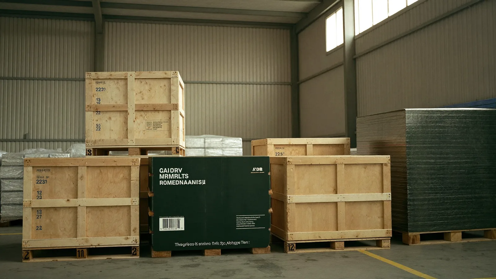 Palés de madera apilados en un almacén con luz cenital