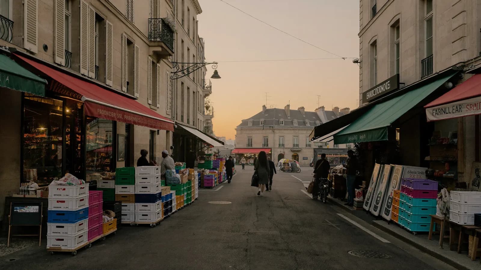 Calle de mercado francés al amanecer con cajas de producto y fachadas de piedra