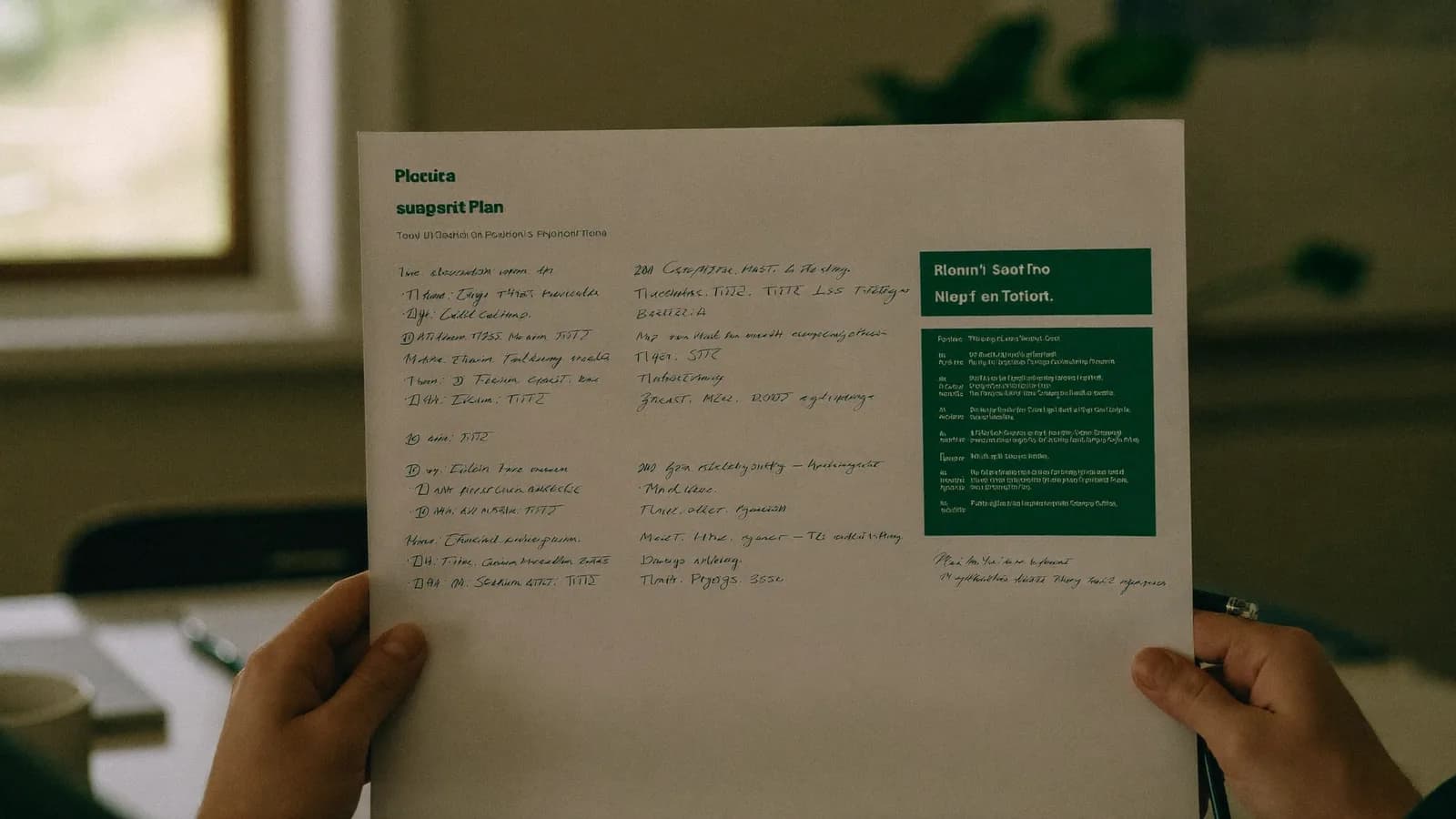Documento de plan impreso con anotaciones a mano sobre una mesa de reuniones