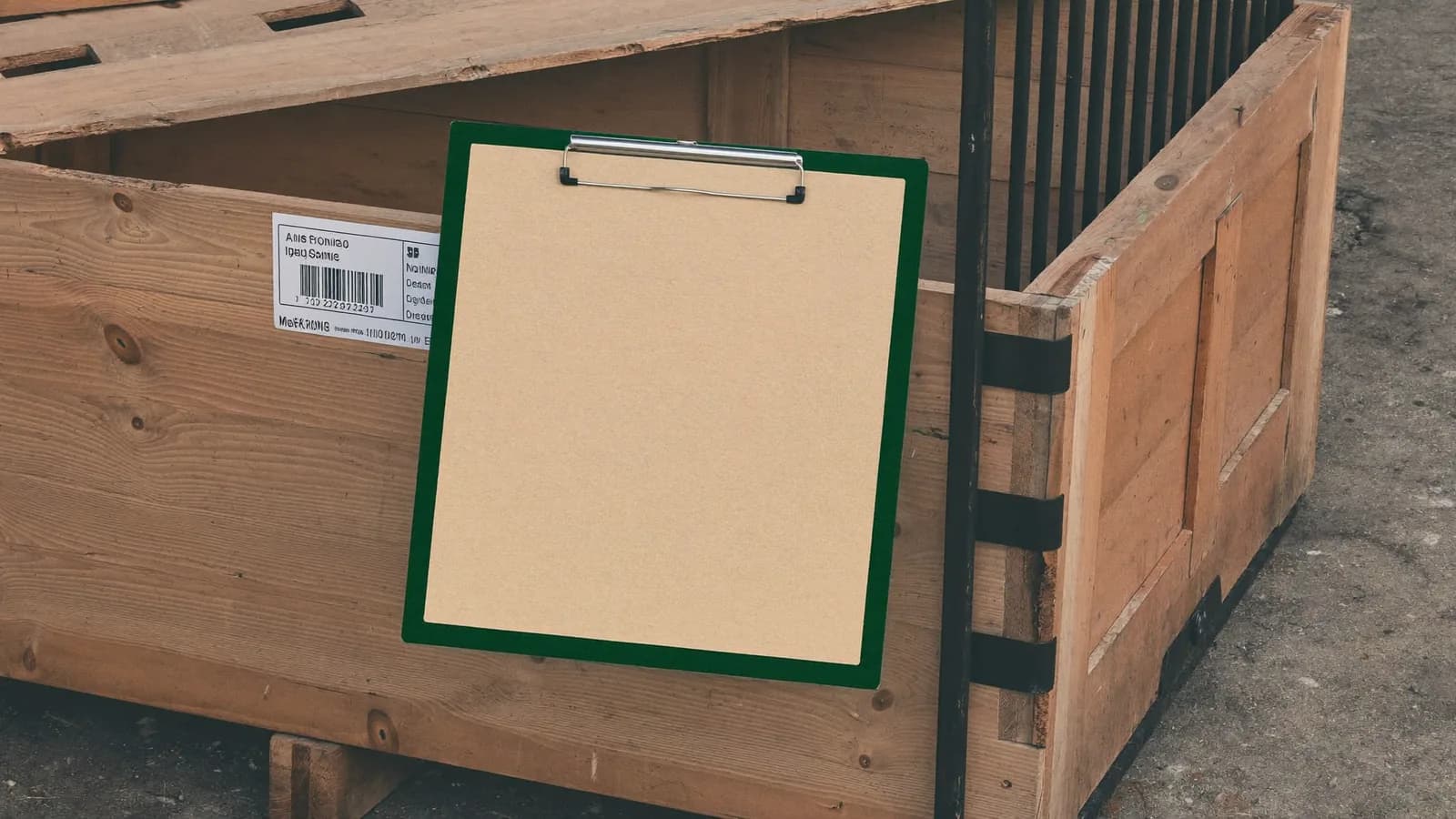 Caja de madera dañada bajo inspección en un almacén