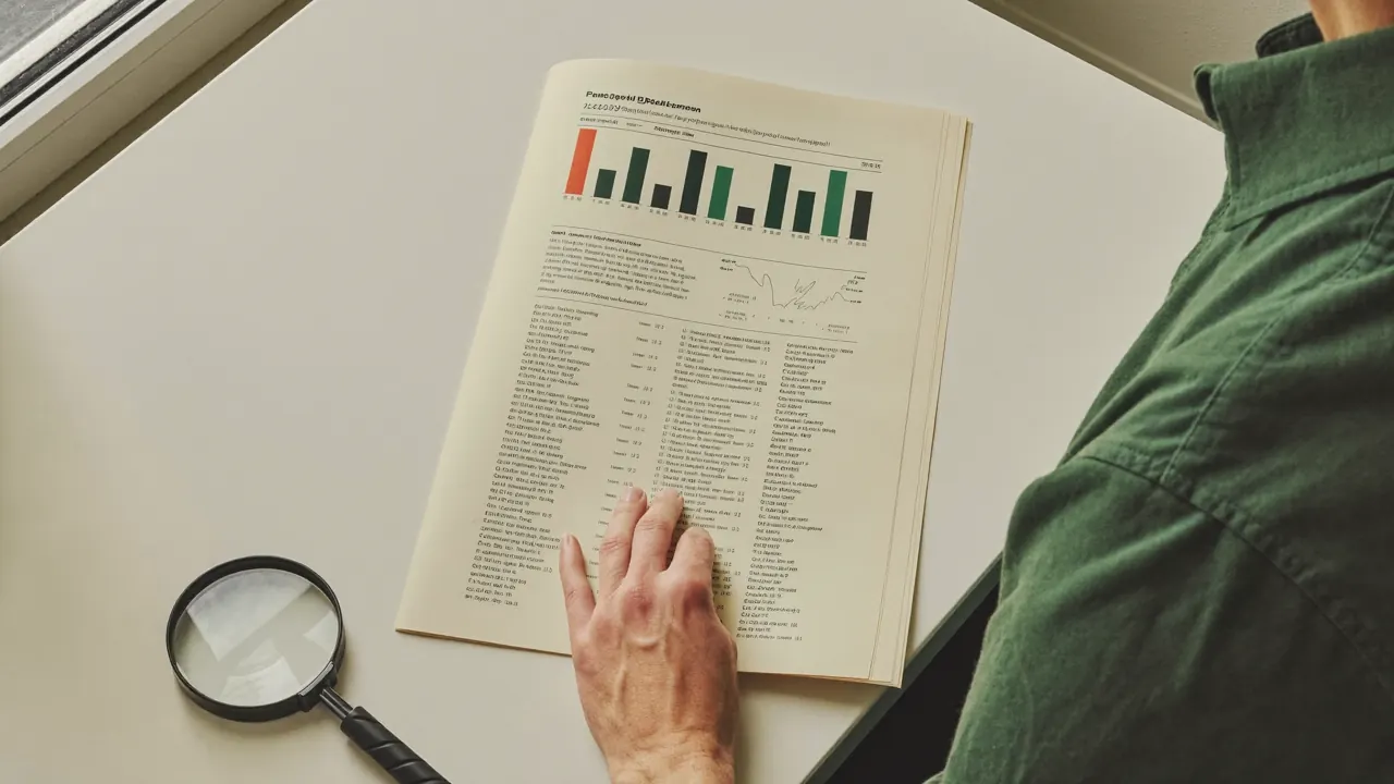 Persona revisando un informe financiero impreso con una lupa