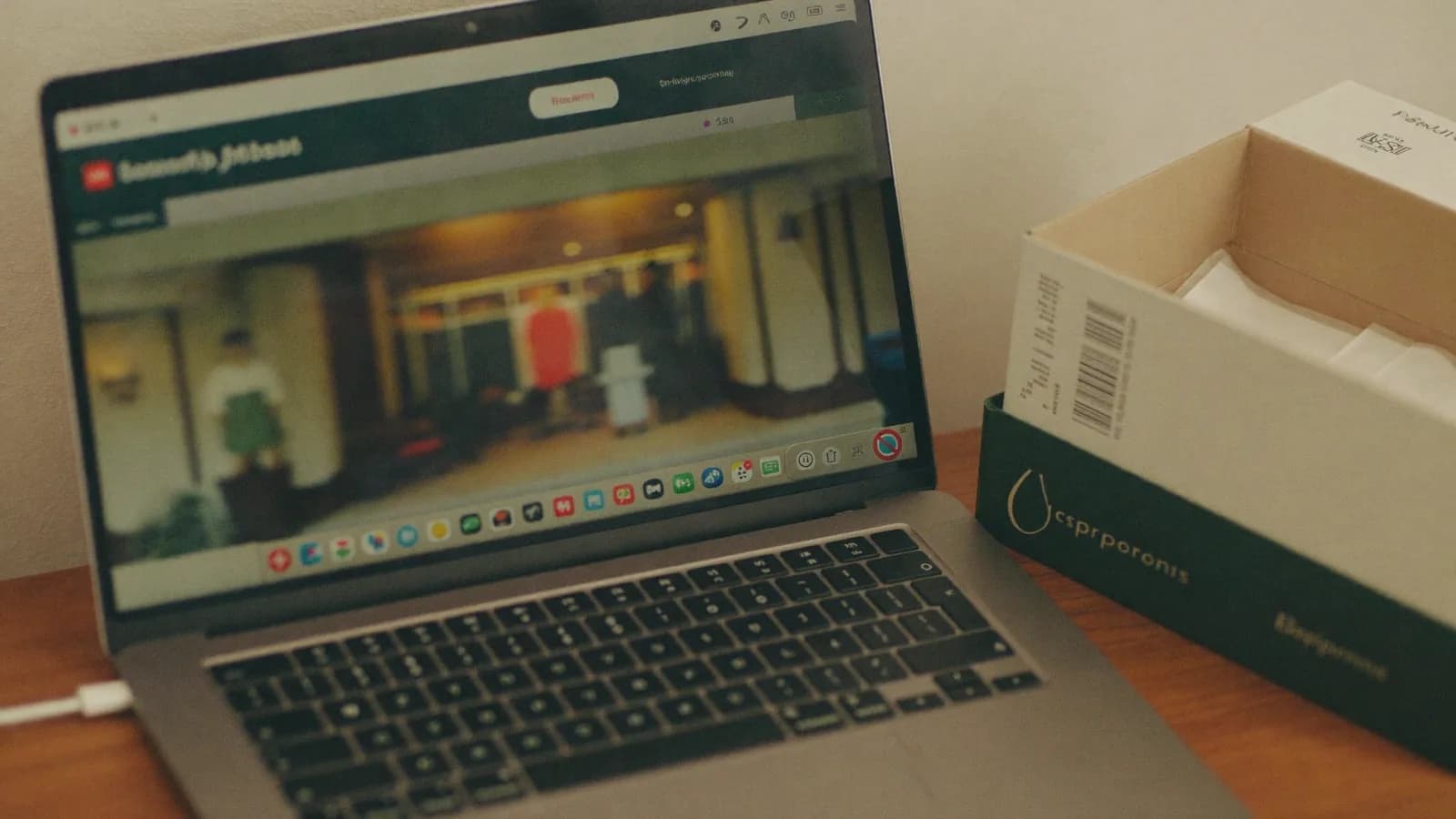 Portátil junto a una caja de envío pequeña sobre una mesa de madera