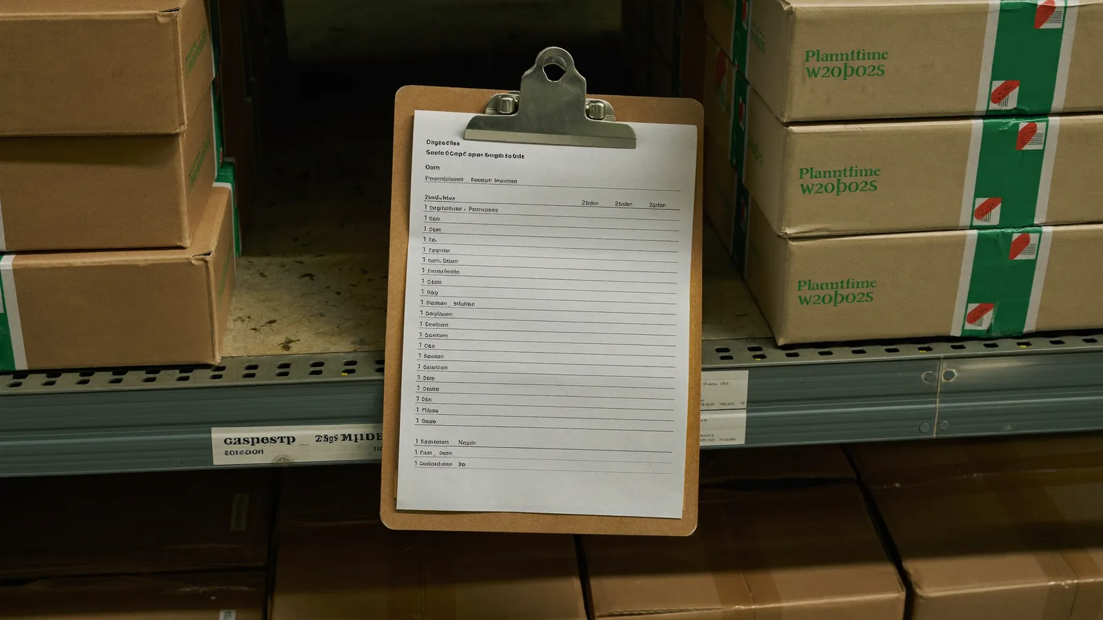 Lista de comprobación sobre una estantería de almacén junto a cajas precintadas
